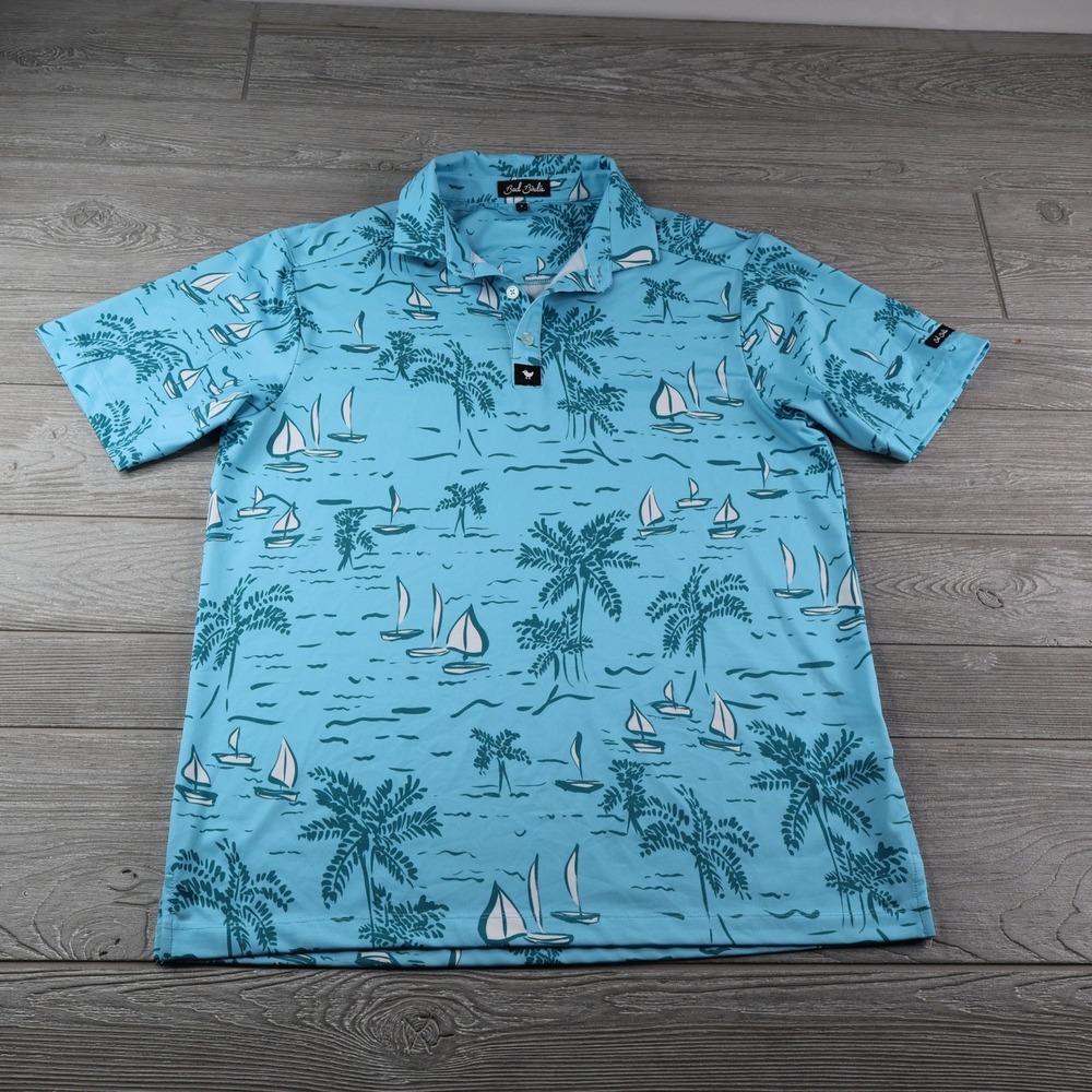 Bad Birdie Golf Polo Men's S Blue Tropical Sailboat Palm Tree AOP